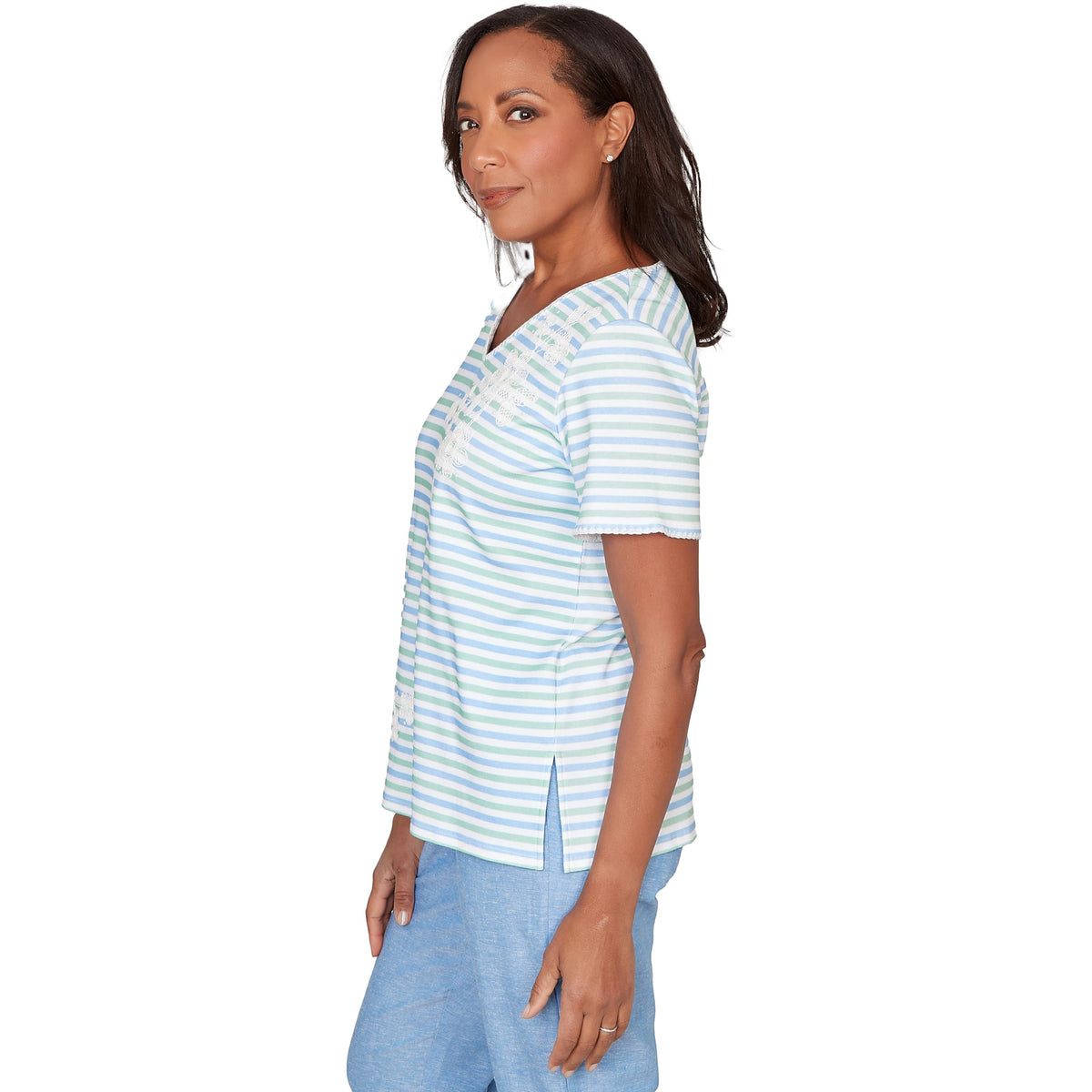 Alfred Dunner Women's Highlight Flower Striped Tee