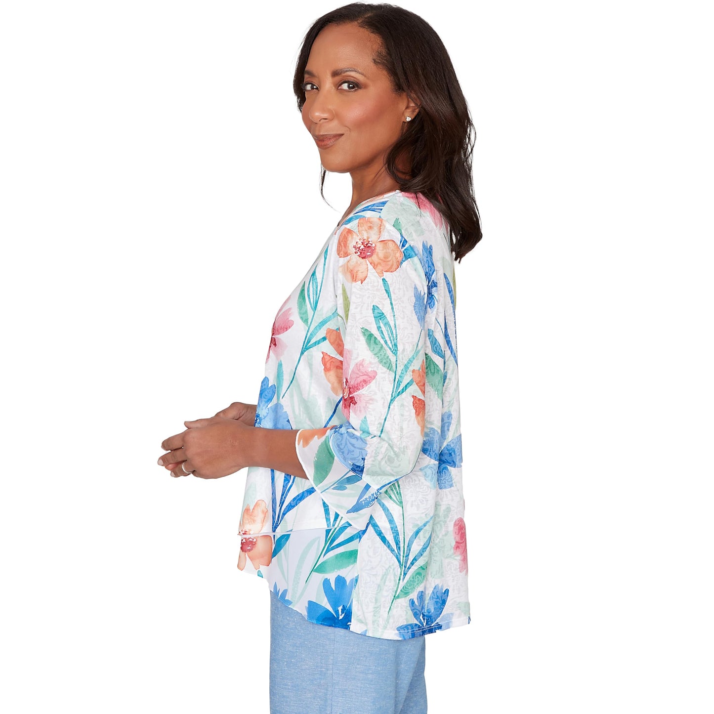 Alfred Dunner Women's Whimsical Flower Bell Sleeve Top