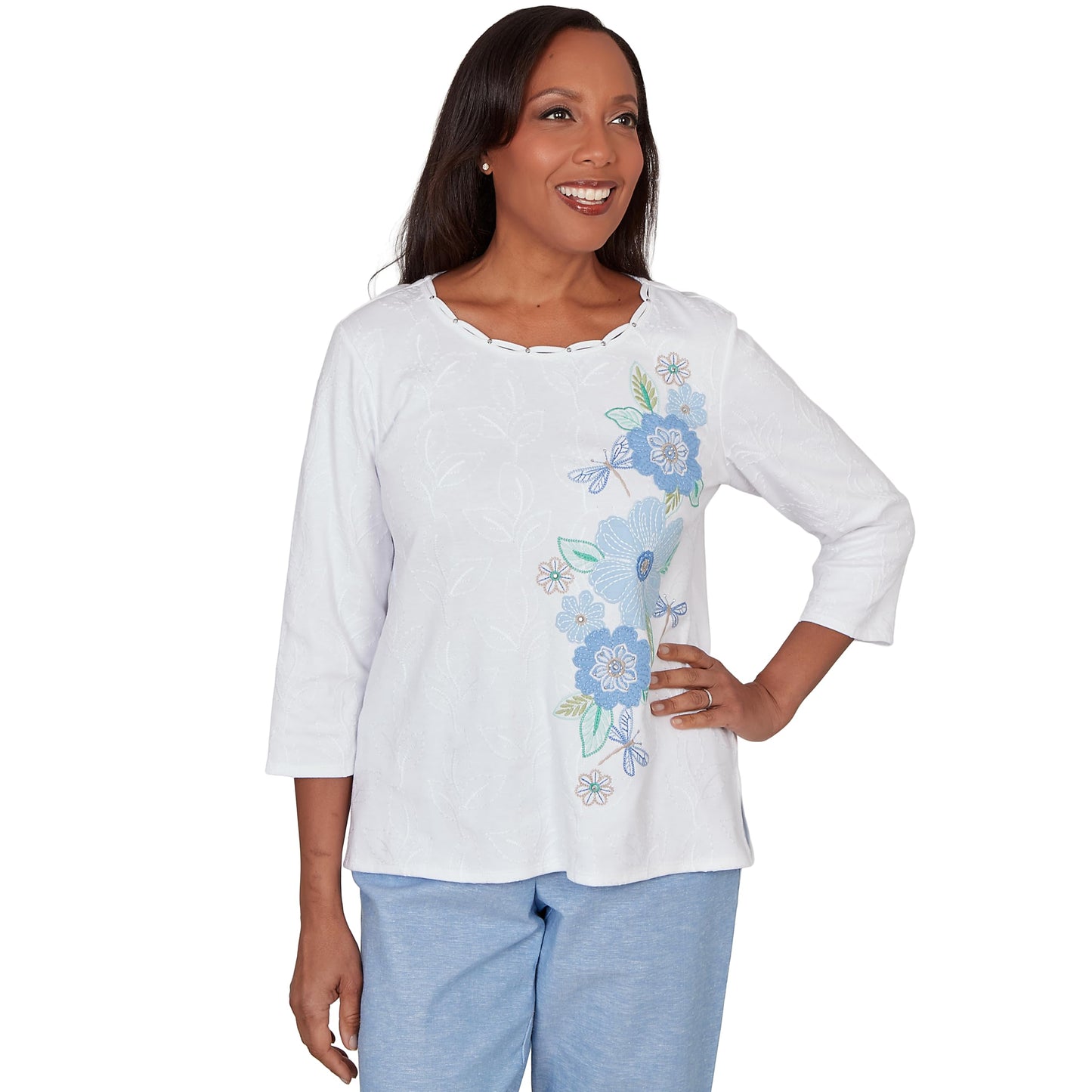 Alfred Dunner Women's Embroidered Dragonfly Floral Top