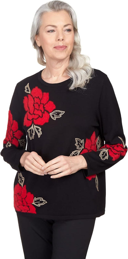 Alfred Dunner Women's Floral Jacquard Long Sleeve Sweater Size S Black