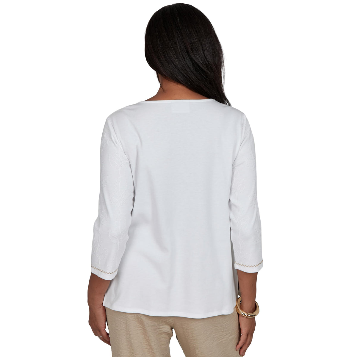 Alfred Dunner Women's Floral Butterfly Line Embroidered Top, Ivory, S