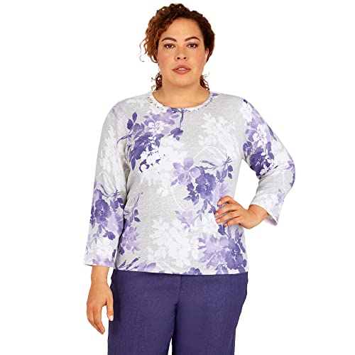 Alfred Dunner Women's Plus-Size Shadow Floral Print Sweater Size 1X Silver Multi