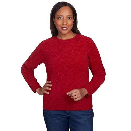 Alfred Dunner Classic Crew Neck Chenille Pullover Sweater (US, Alpha, Large, Regular, Petite, Petite, Red)
