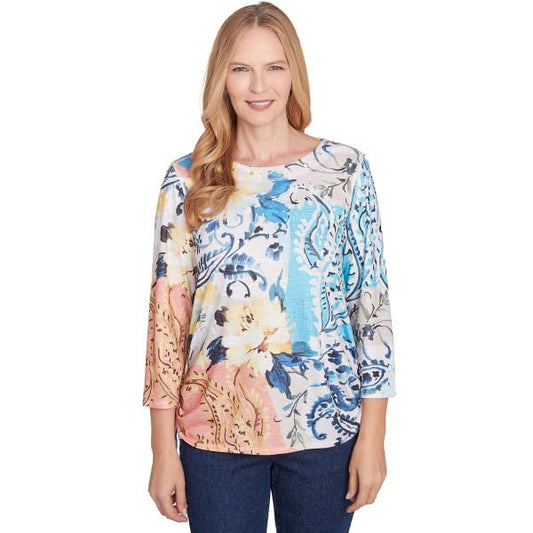Alfred Dunner Classics Batik Floral Patch Polyester Top