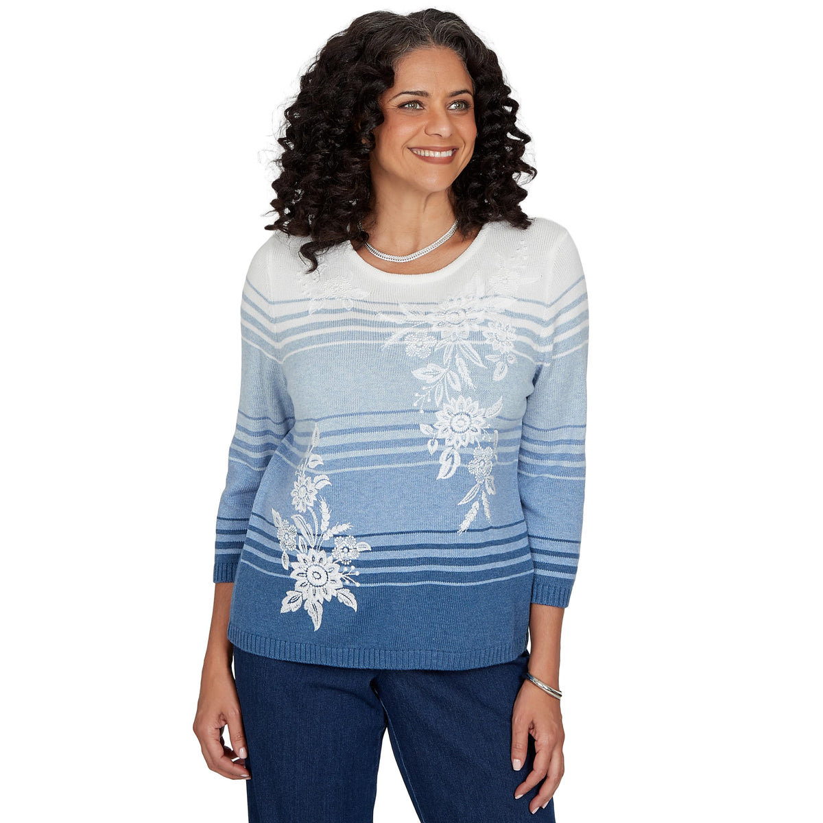 Alfred Dunner Women's Ombre Stripe Floral Embroidered Sweater, Denim, M