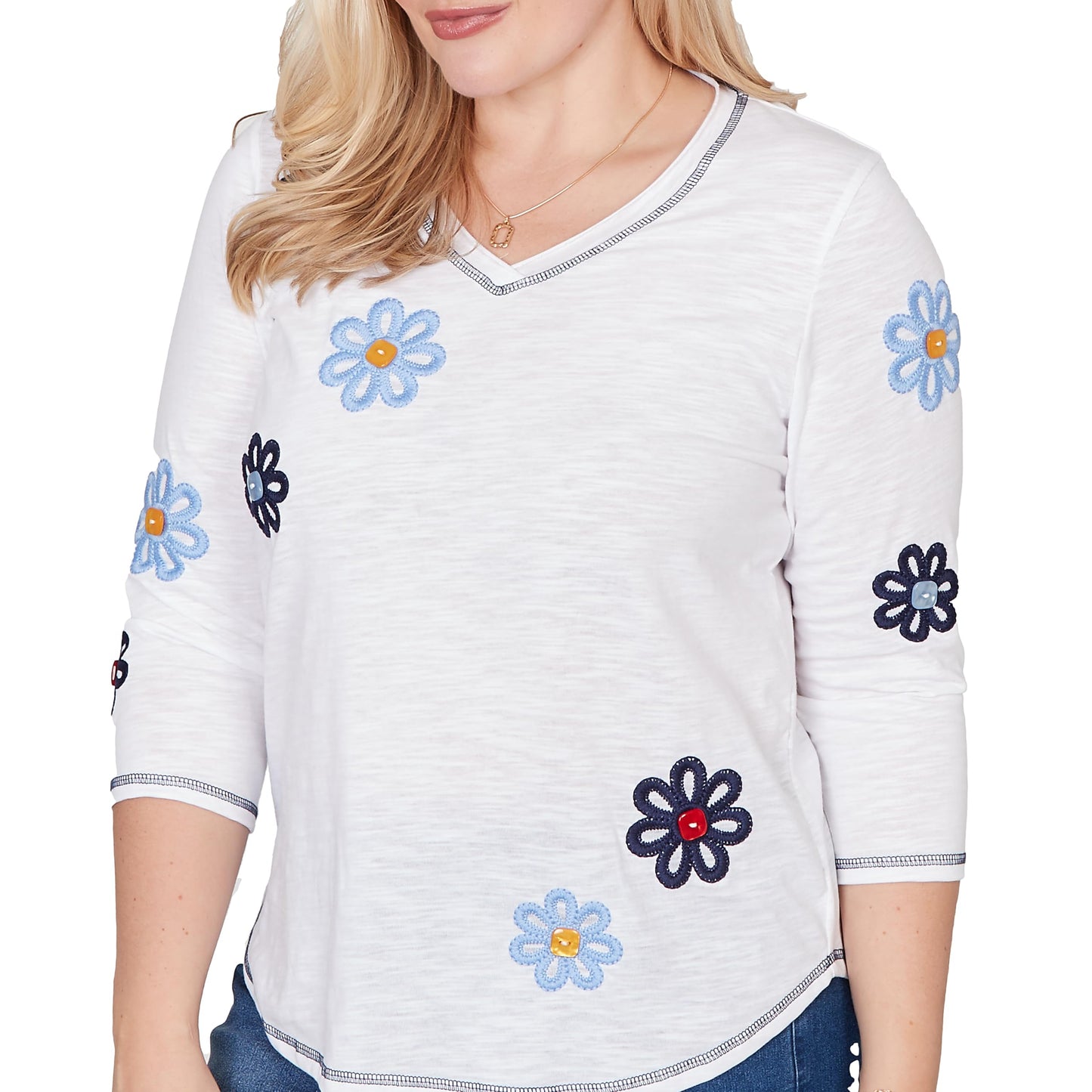 Alfred Dunner Women's Embellished Floral Button Top