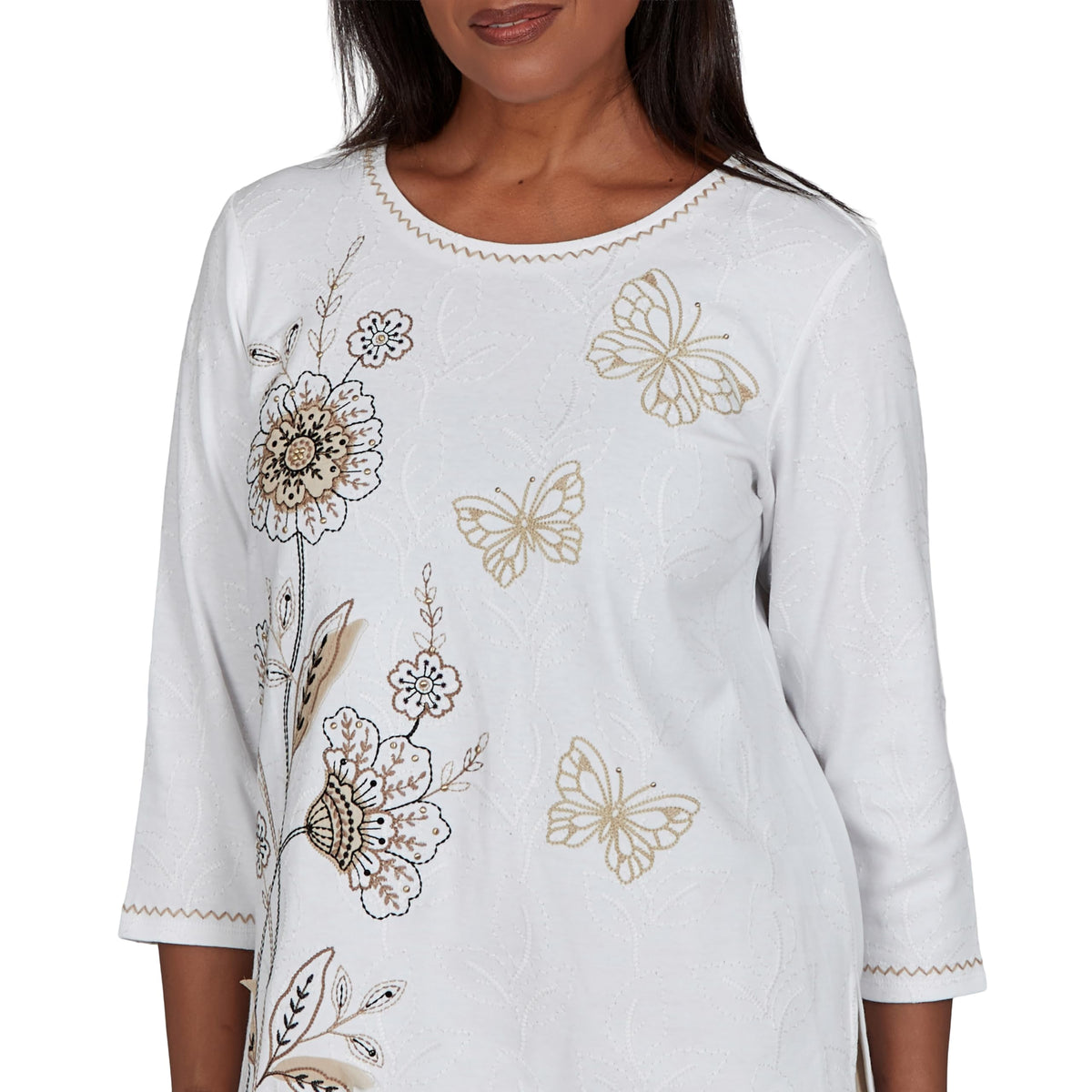 Alfred Dunner Women's Floral Butterfly Line Embroidered Top, Ivory, S