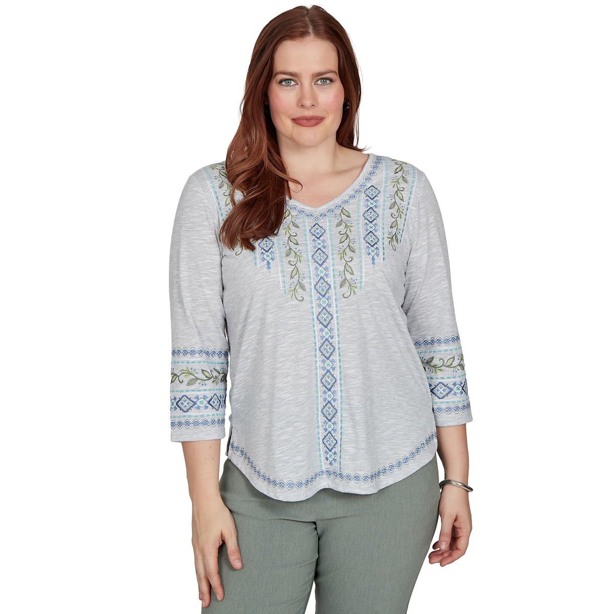 Alfred Dunner Women's Center Diamond Embroidered Top, Grey Heather, S