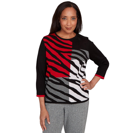 Alfred Dunner Jet Setter Zebra Colorblock Sweater (US, Alpha, Small, Regular, Regular, Standard, Red/Multi)