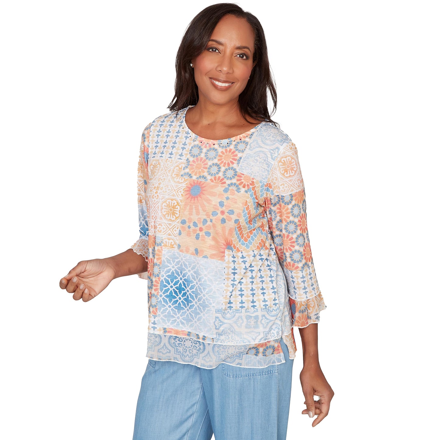 Alfred Dunner Women's Patchwork Medallion Ruffle Sleeve Top, Size XL, Blue Multi