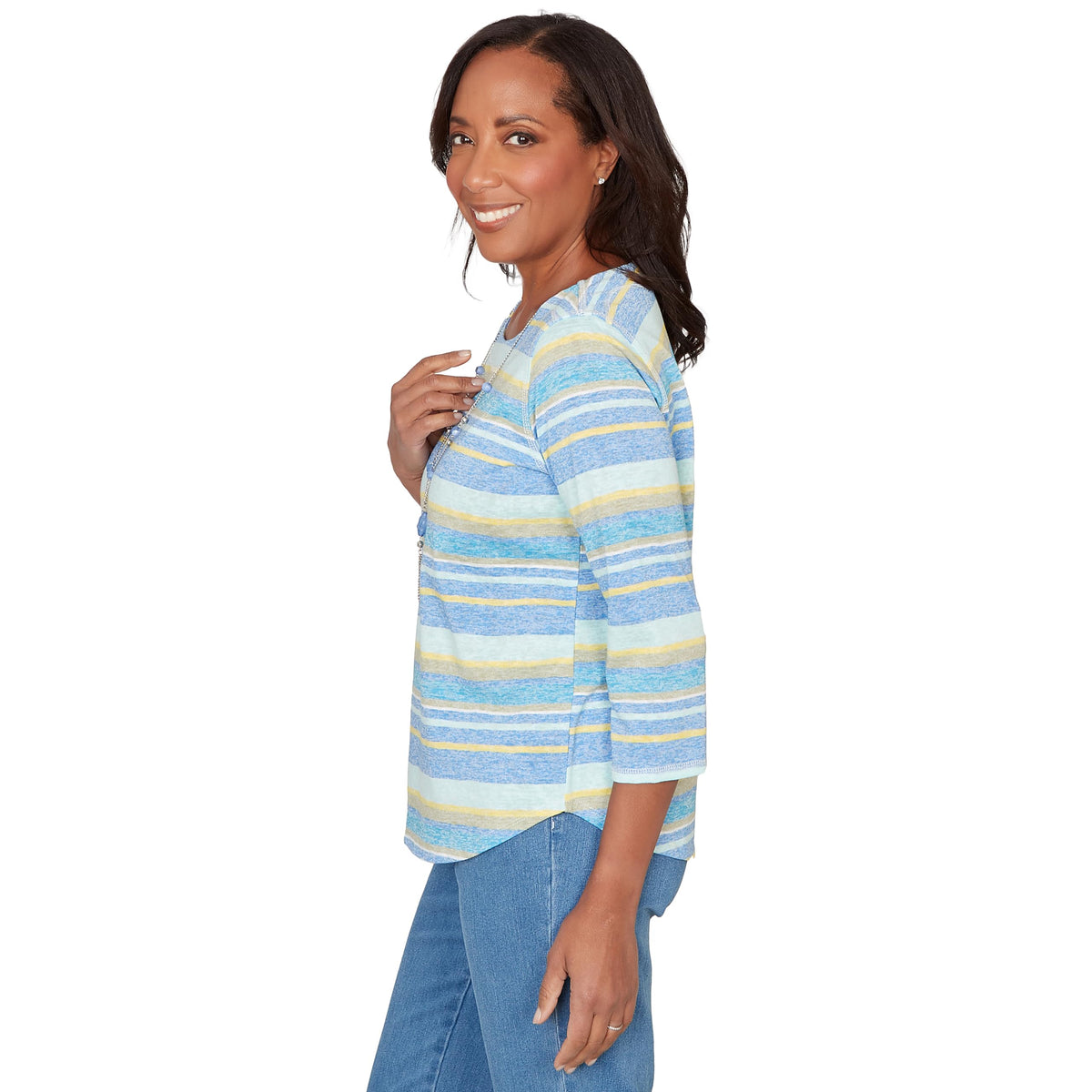 Alfred Dunner Women's Coastal Striped Top with Necklace, Size S, Blue