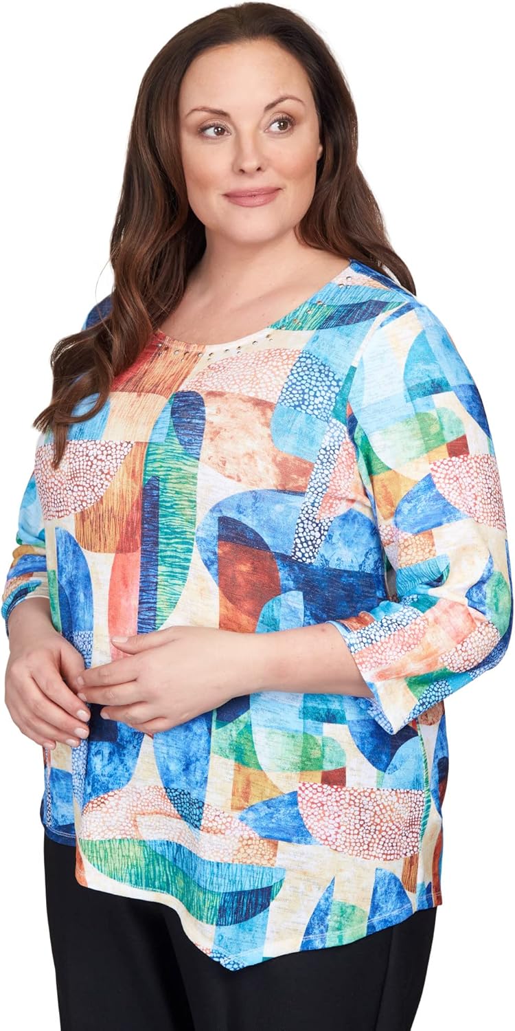 Alfred Dunner Women's Plus-Size Geometric Stained Glass Asymmetric Top Size 3X Multi