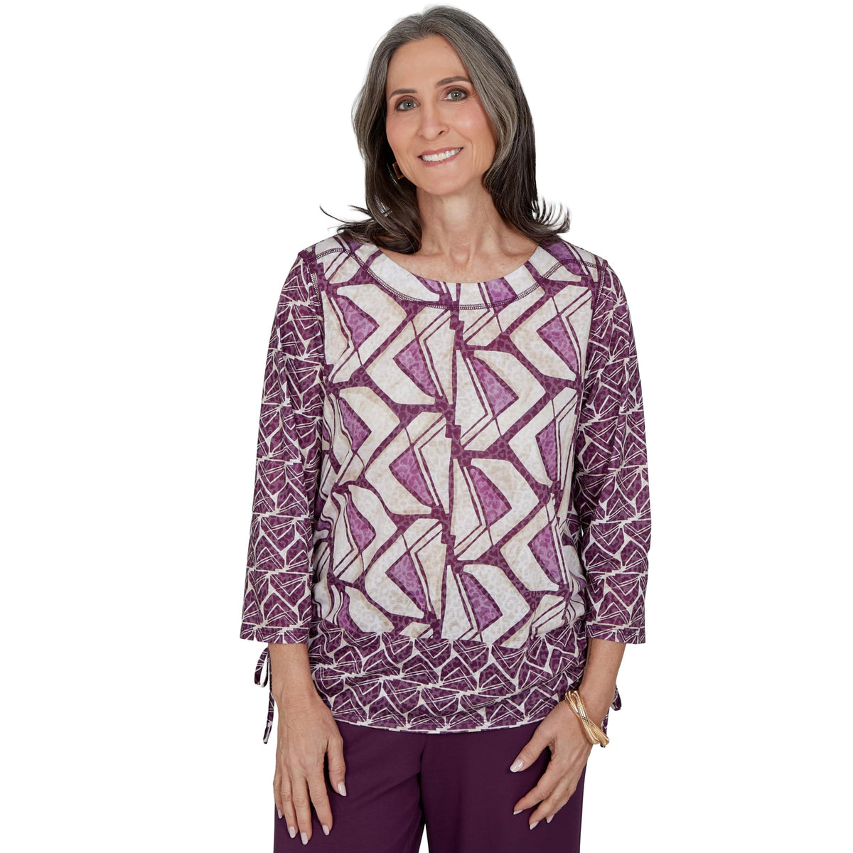 Alfred Dunner Women's Geo Twin Print Knit Top, Plum, L