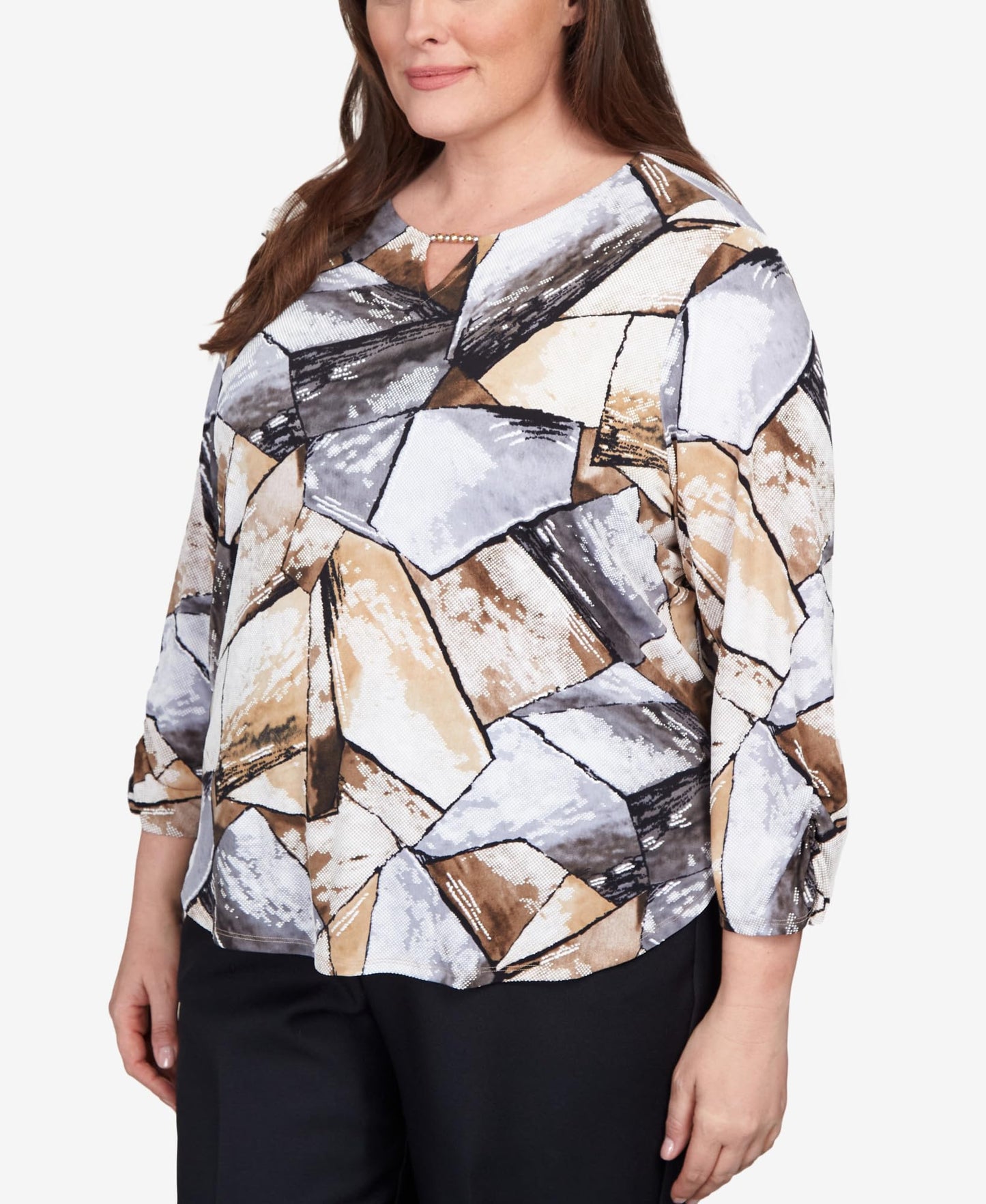 Alfred Dunner Classics Patchwork Polyester (US, Alpha, 3X, Plus, Regular, Plus Size, Tan)