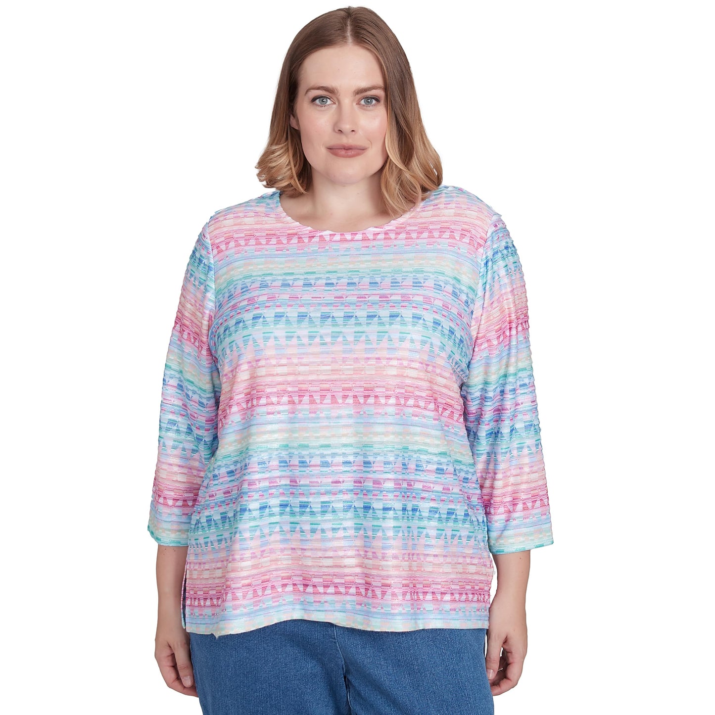 Alfred Dunner Women's Plus-Size Geometric Crewneck Biadere Top Size 3X Multi Pink