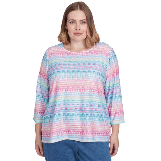 Alfred Dunner Women's Plus-Size Geometric Crewneck Biadere Top Size 1X Multi Pink