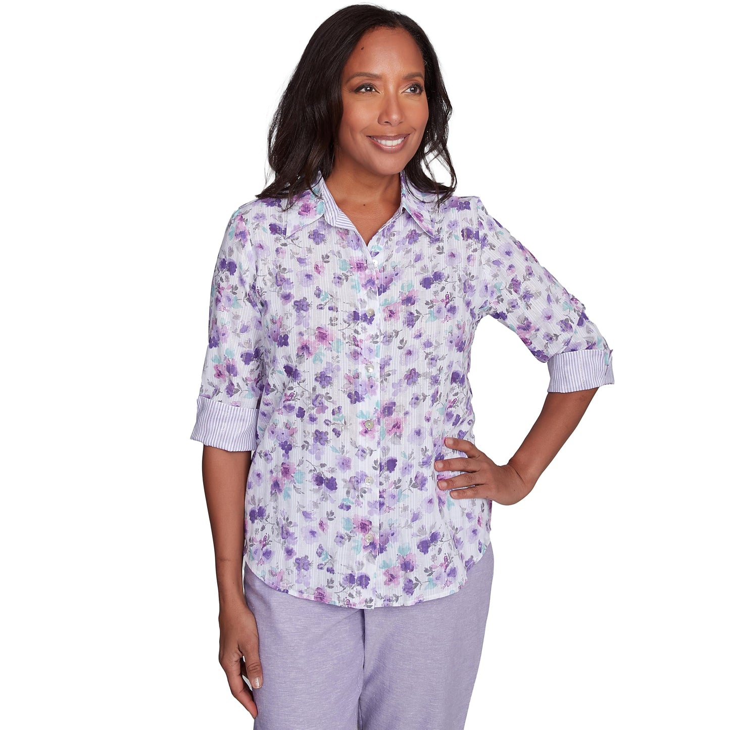 Alfred Dunner Flower with Contrast Strip Button Down Blouse (US, Alpha, Small, Regular, Regular, Standard, Lailac)