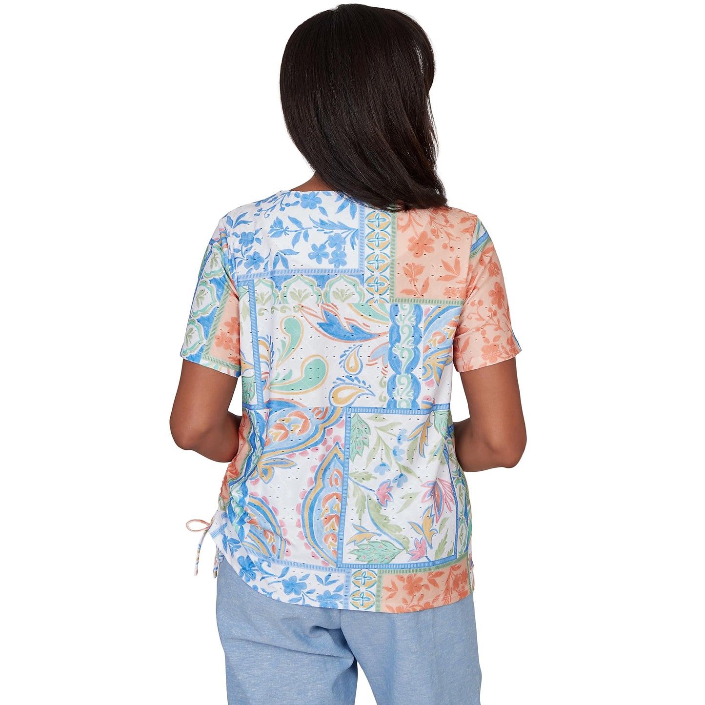 Alfred Dunner Women's Patchwork Scroll Side Tie Ruched Tee