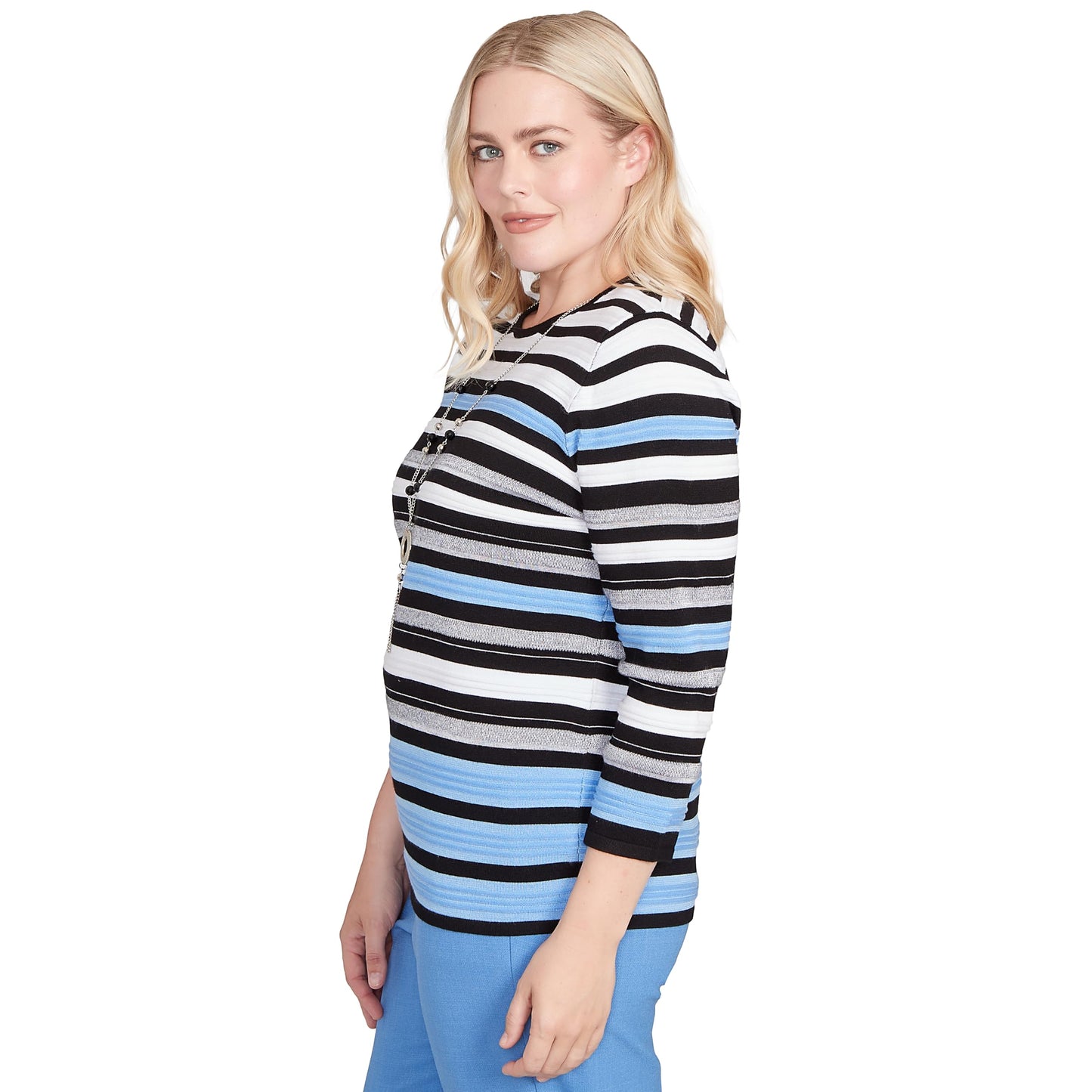 Alfred Dunner Textured Strip Light Sweater (US, Alpha, Medium, Regular, Petite, Petite, Multi)