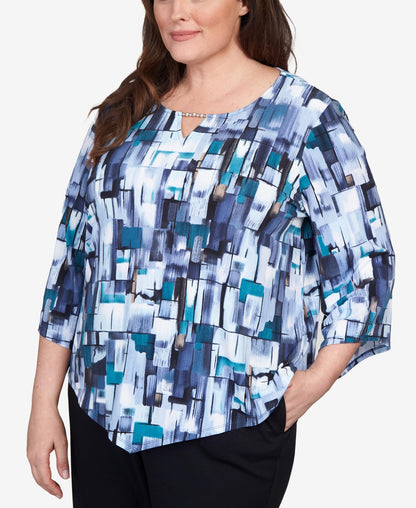 Alfred Dunner Women's Plus-Size Mini Stained Glass Pointed Hem Top Size 3X Denim