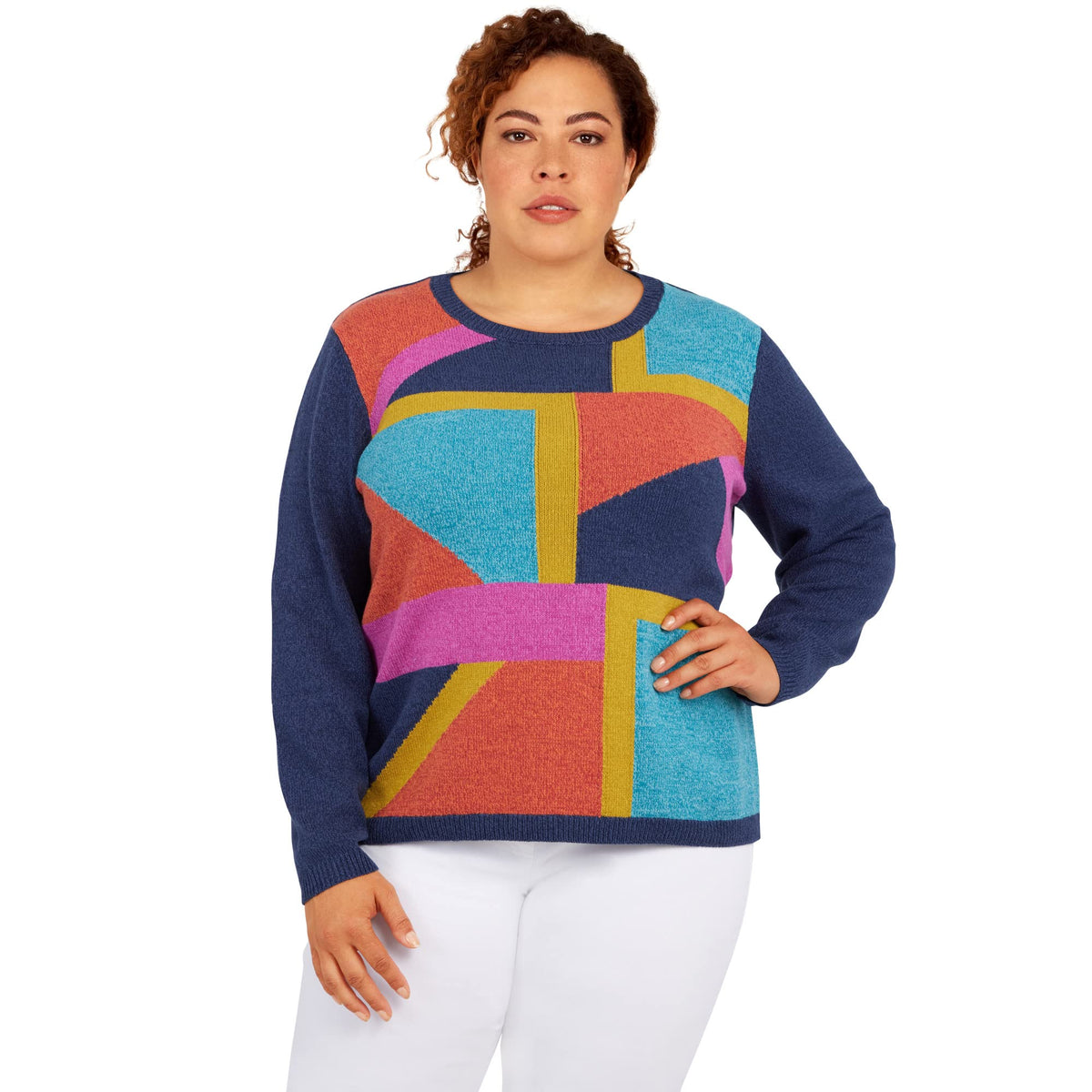 Alfred Dunner Women's Plus-Size Womens Colorblock Crewneck Sweater Size 3X Navy Multi