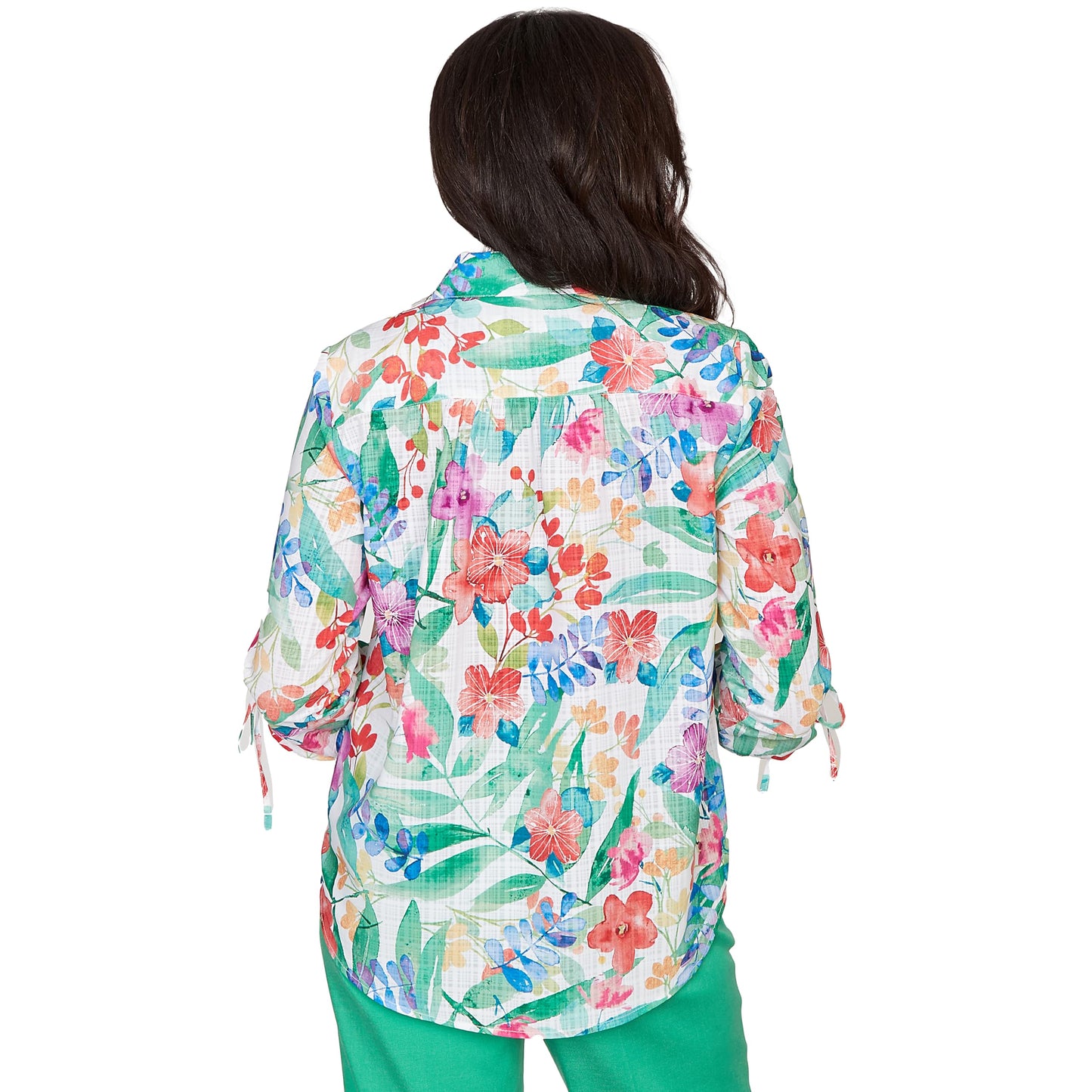 Alfred Dunner Women's Tropical Print Tie Sleeve Button Front Top
