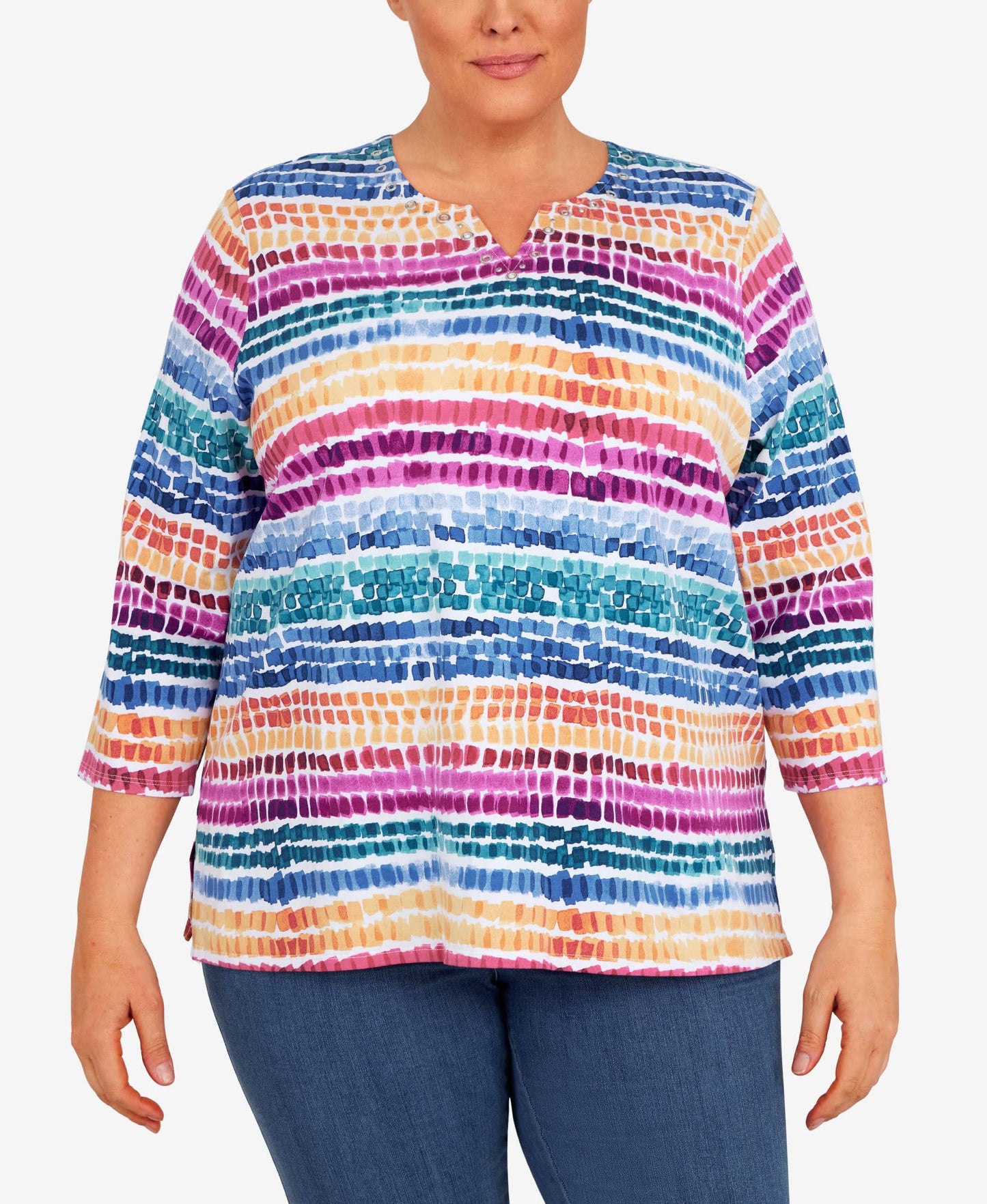 Alfred Dunner Women's Plus-Size Rainbow Dot Split Neck Top