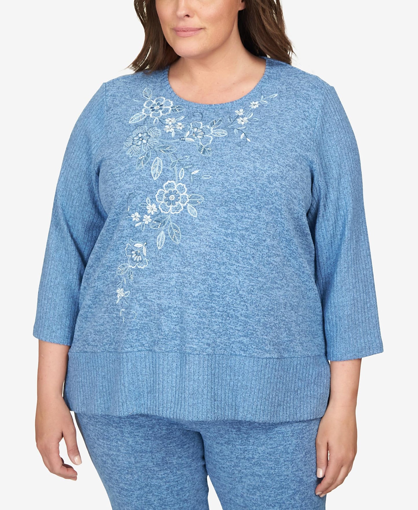 Alfred Dunner Comfort Zone Floral Embroidered with Slit Hem and Ribbed Sleeve (US, Alpha, 3X, Plus, Regular, Plus Size, Wedgewood)