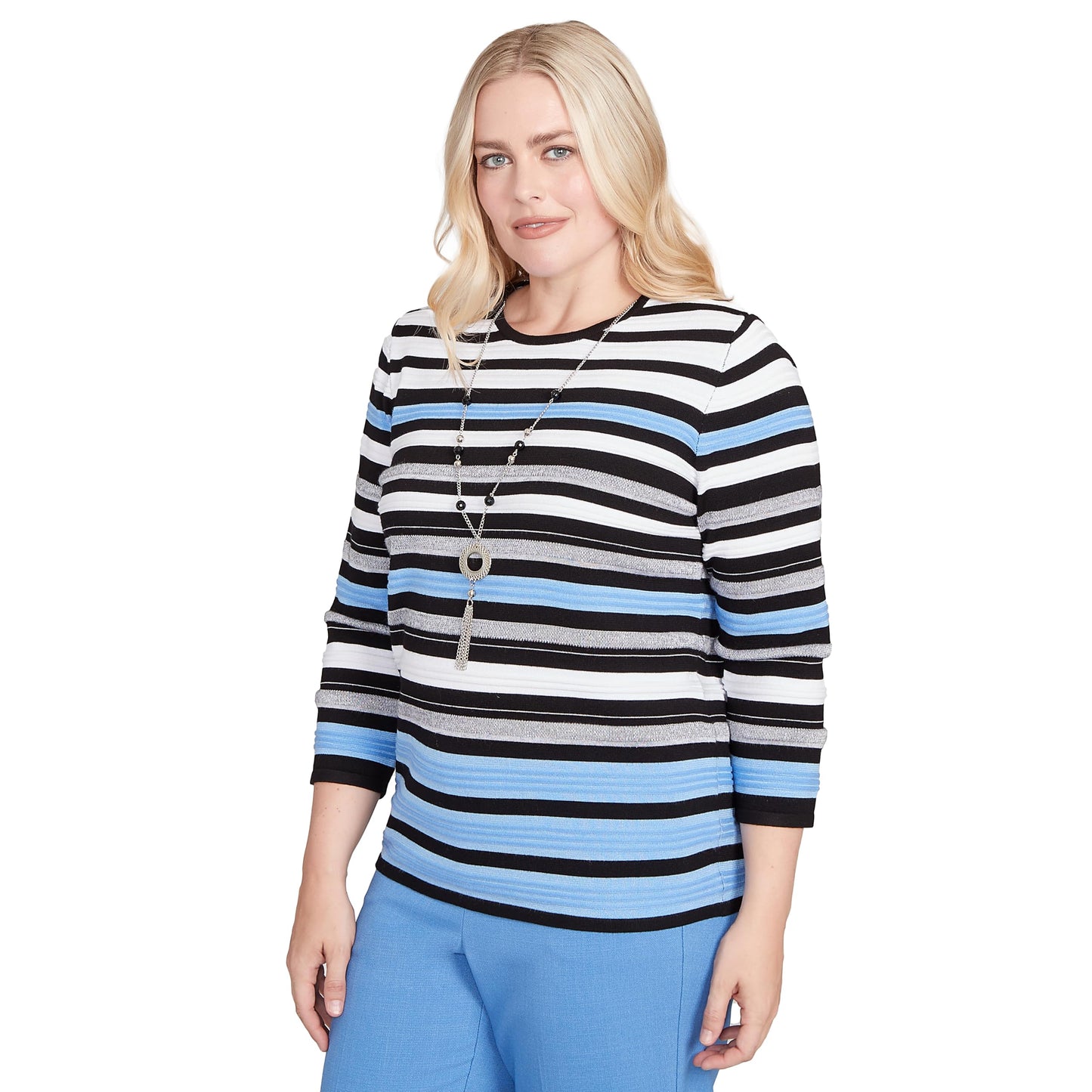 Alfred Dunner Textured Strip Light Sweater (US, Alpha, Large, Regular, Petite, Petite, Multi)