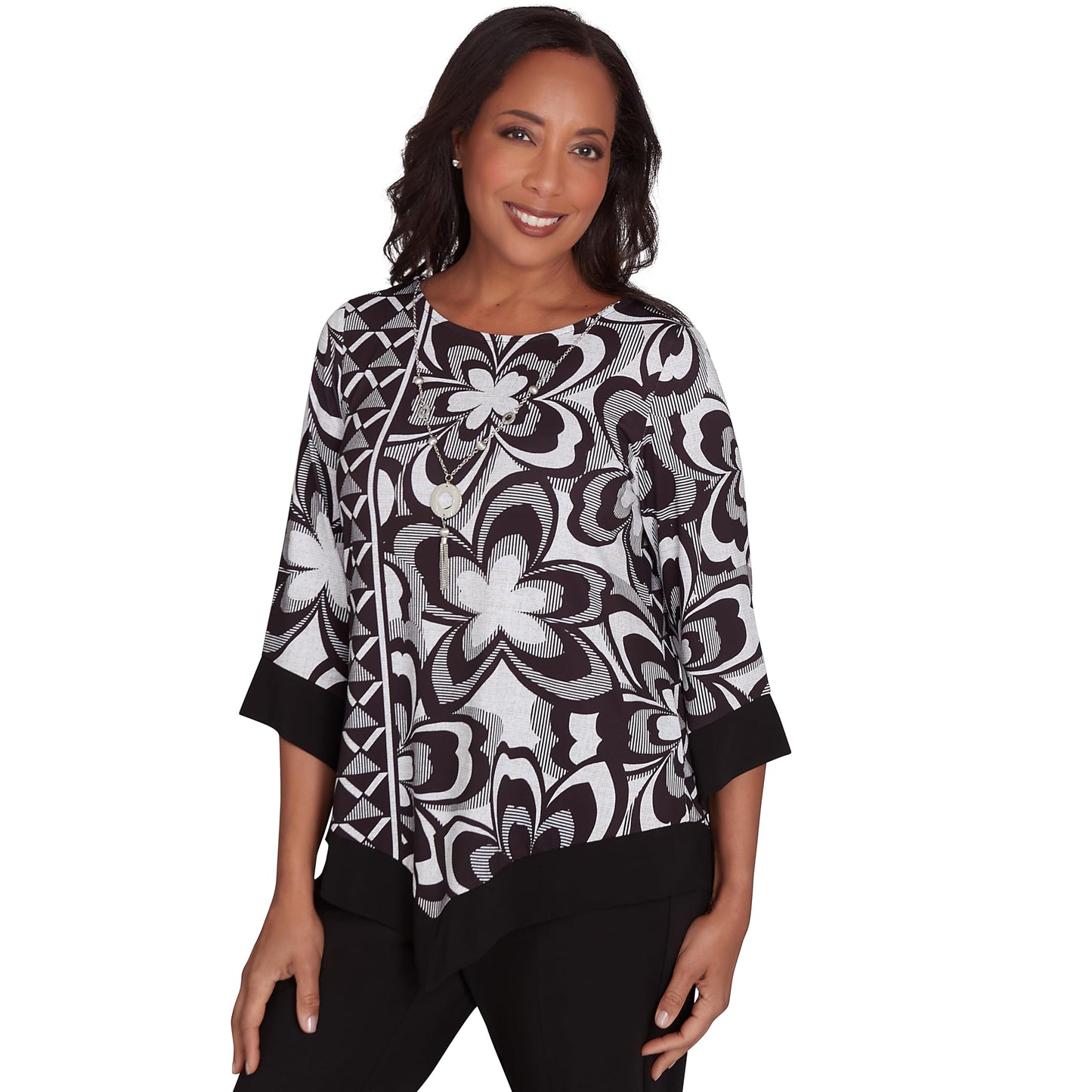 Alfred Dunner Runway Ready Black and White Metalic with Contrast Trim Polyester Top