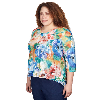 Alfred Dunner Women's Plus-Size Moody Watercolor Floral V-Neck Top