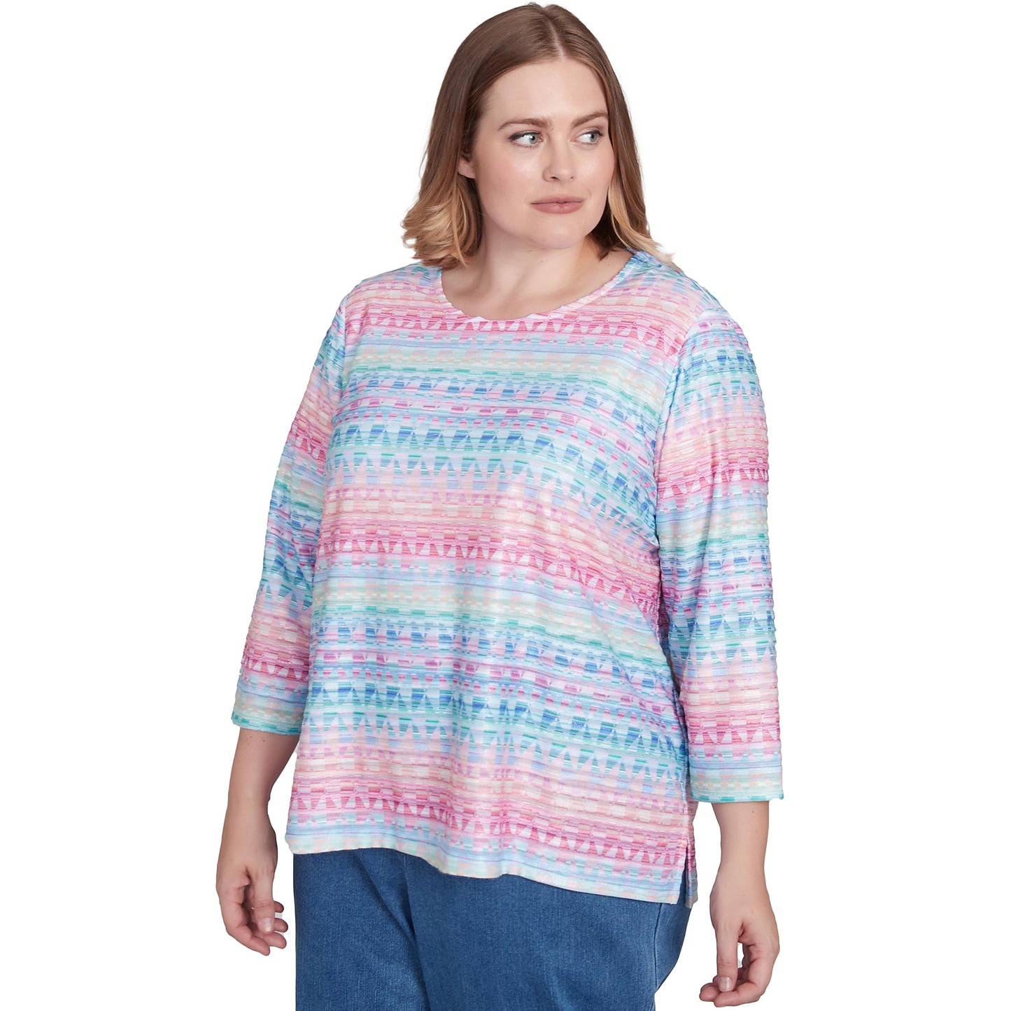 Alfred Dunner Women's Plus-Size Geometric Crewneck Biadere Top Size 3X Multi Pink