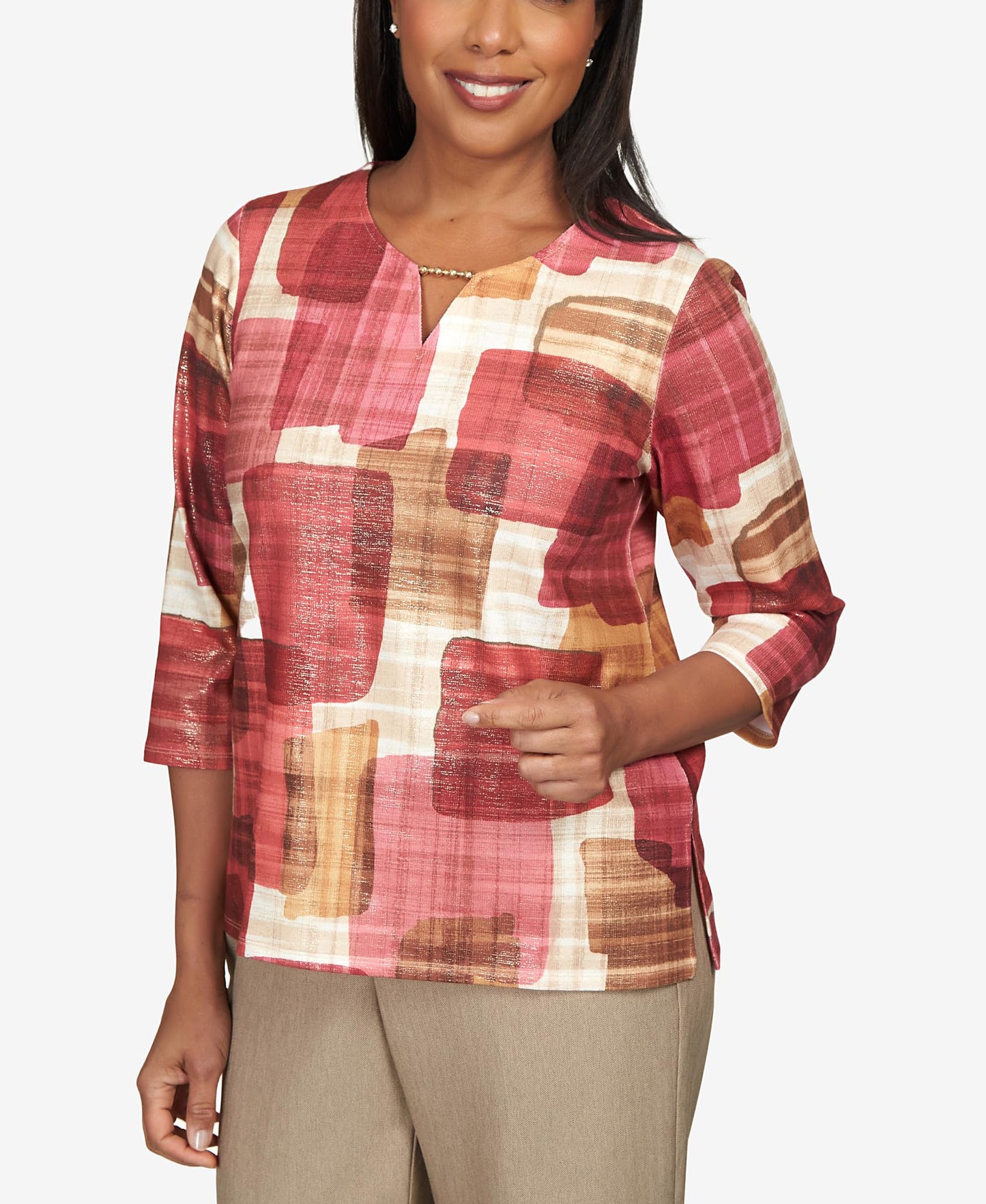Alfred Dunner Women's Petite Texture Colorblock Split Neck Top Size PS Multi