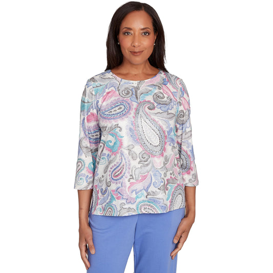 Pleated Paisley Crew Neck Top
