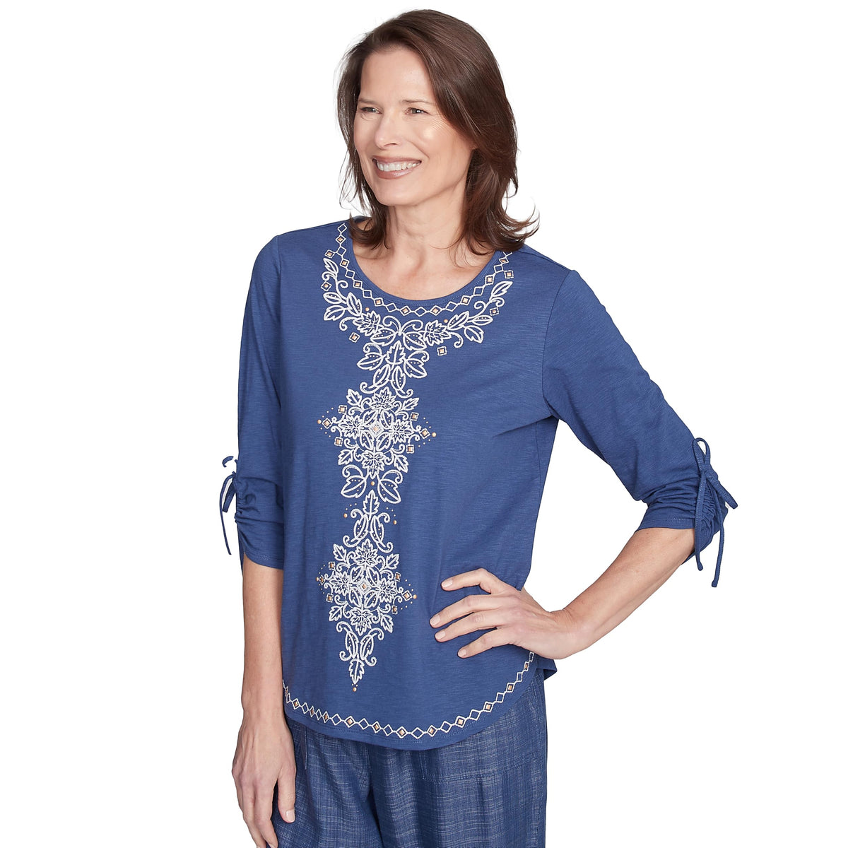 Alfred Dunner Center Embroidered Top Cotton/Polyester (US, Alpha, Small, Regular, Petite, Petite, Blueberry)