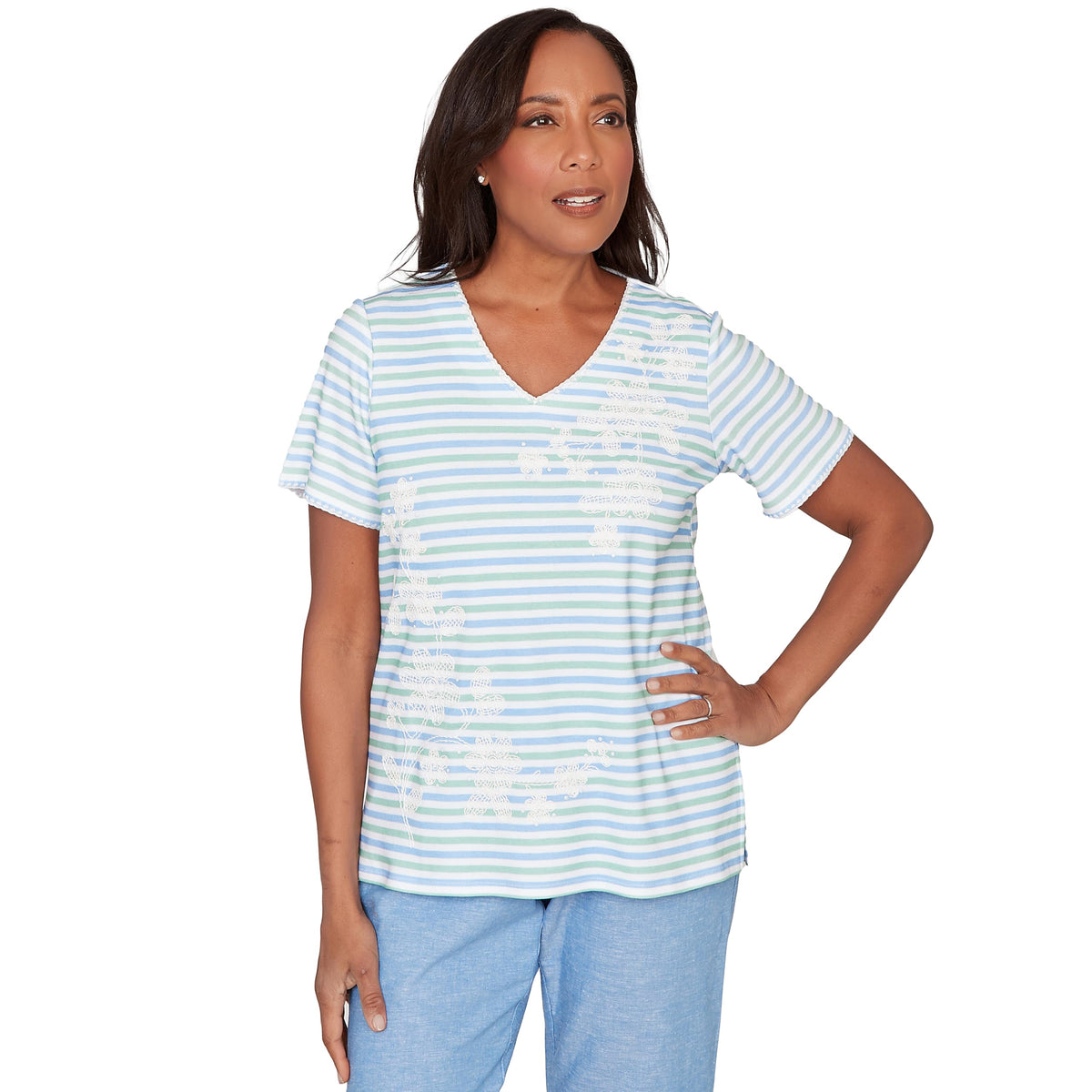 Alfred Dunner Women's Highlight Flower Striped Tee