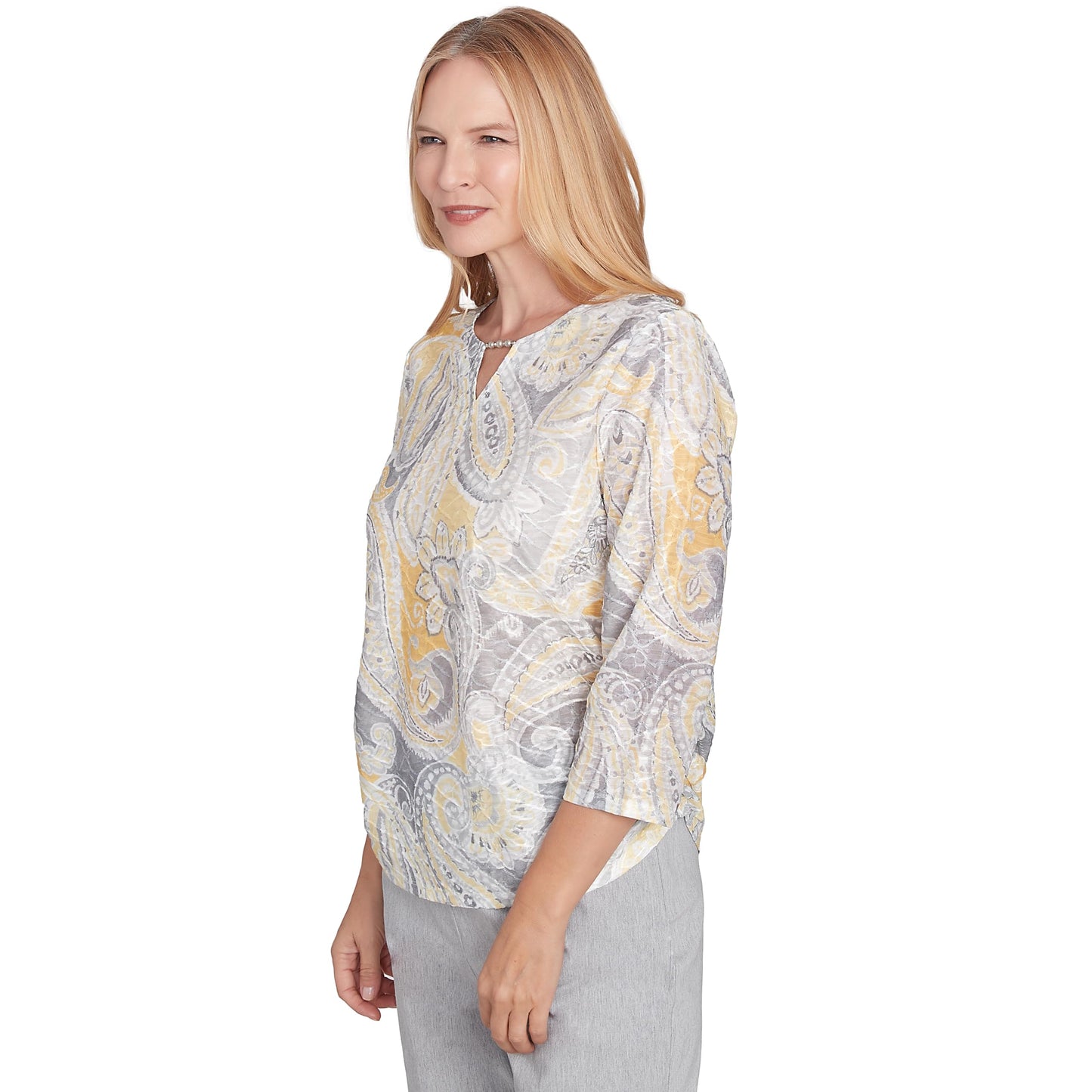 Alfred Dunner Dress Code Paisley Texture Polyester Top (US, Alpha, Small, Regular, Regular, Standard, Grey/Multi)