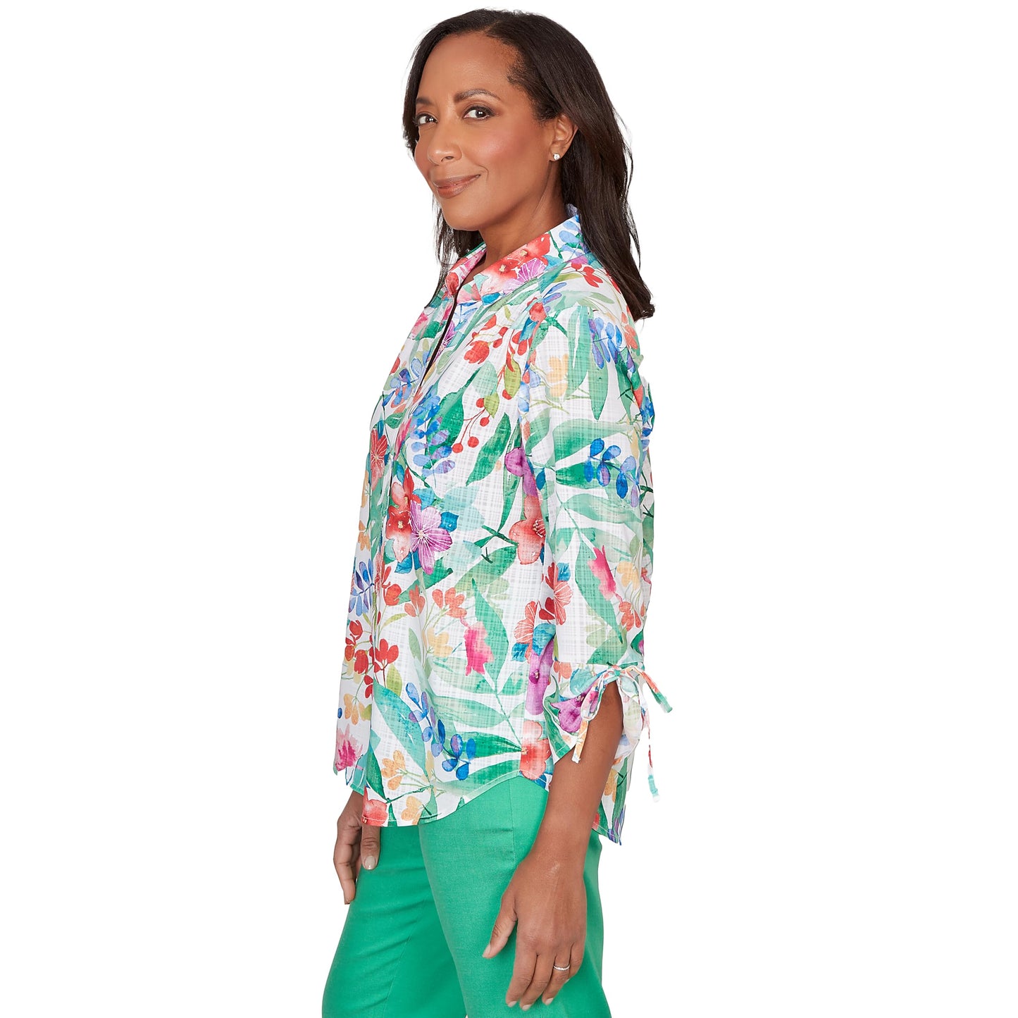 Alfred Dunner Women's Tropical Print Tie Sleeve Button Front Top