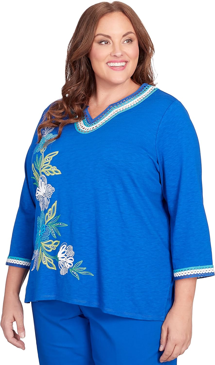 Alfred Dunner Tradewinds Cobalt Color Top Embroidered (US, Alpha, 2X, Plus, Regular, Cobalt)