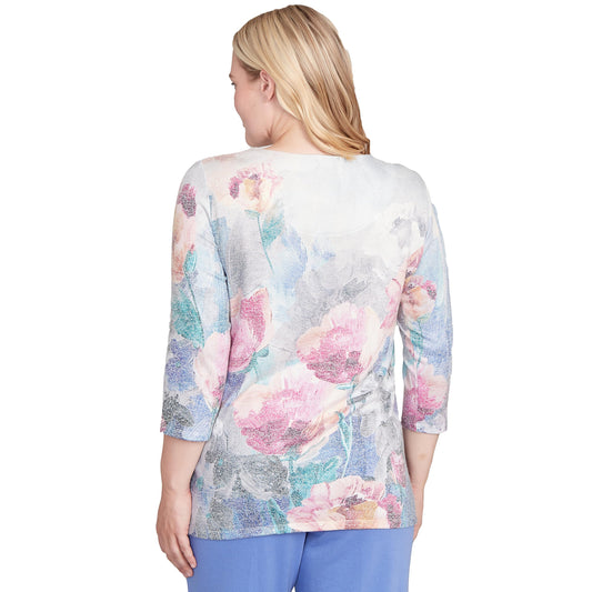 Alfred Dunner Women's Floral Brushstroke Beaded Split Neck Top Size M Grey Multi