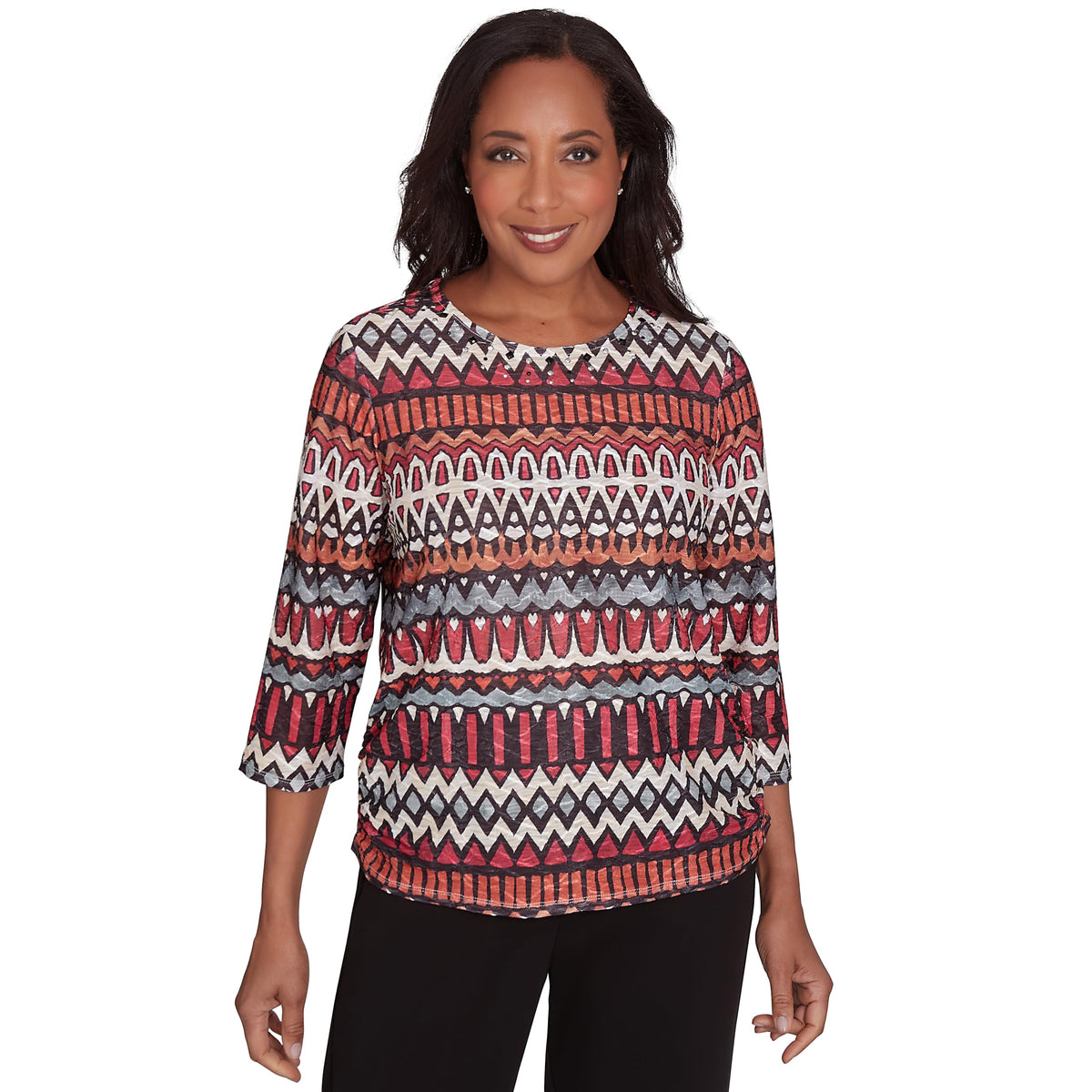 Alfred Dunner Geometric Biadre Polyester Top (US, Alpha, X-Large, Regular, Regular, Standard, Red/Multi)