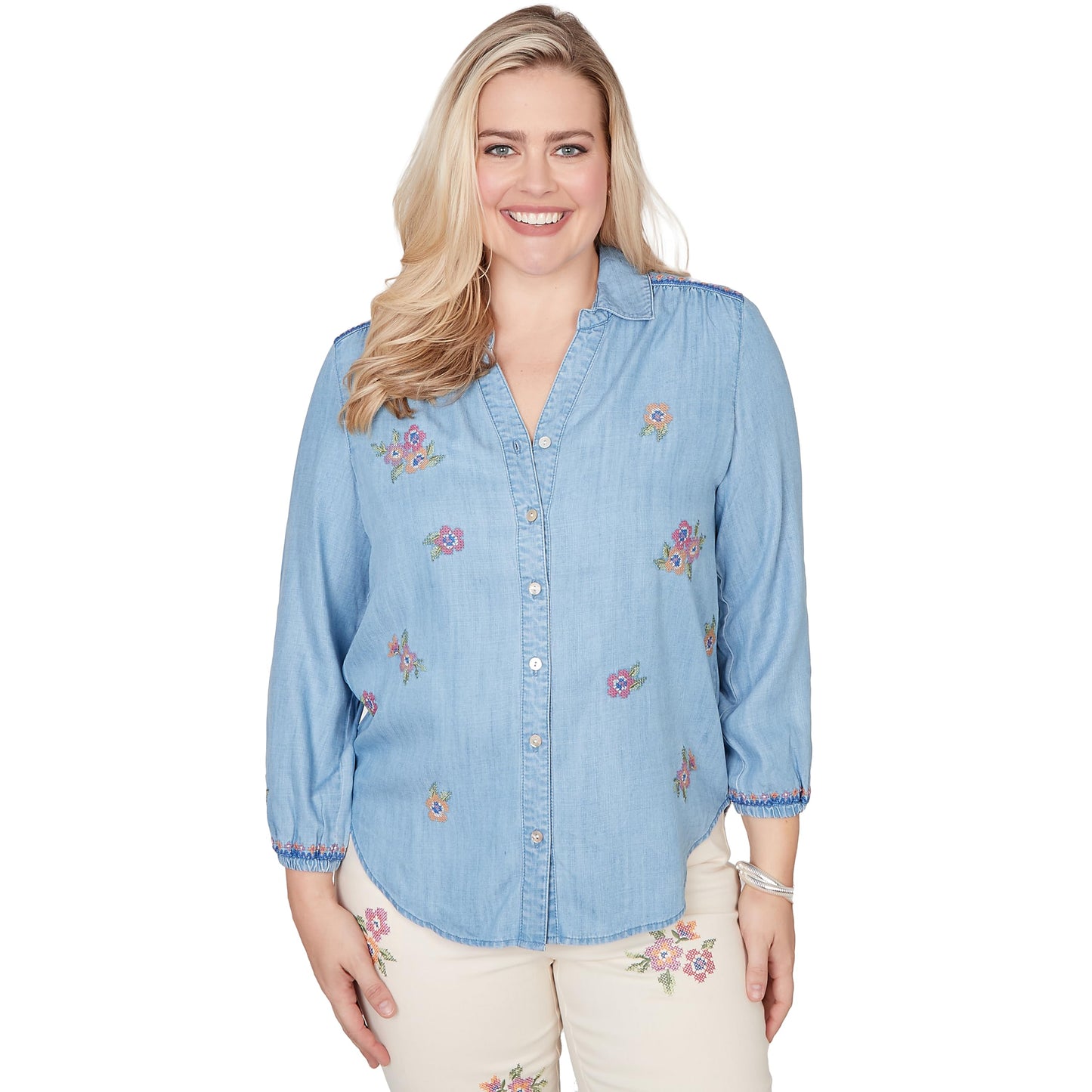 Alfred Dunner Women's Floral Embroidered Button Front Top