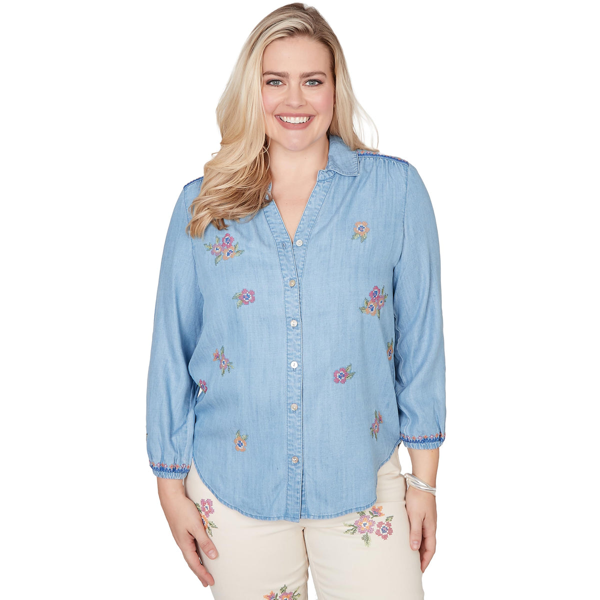 Alfred Dunner Petite Floral Embroidered Button Front Top, Light Blue, PS