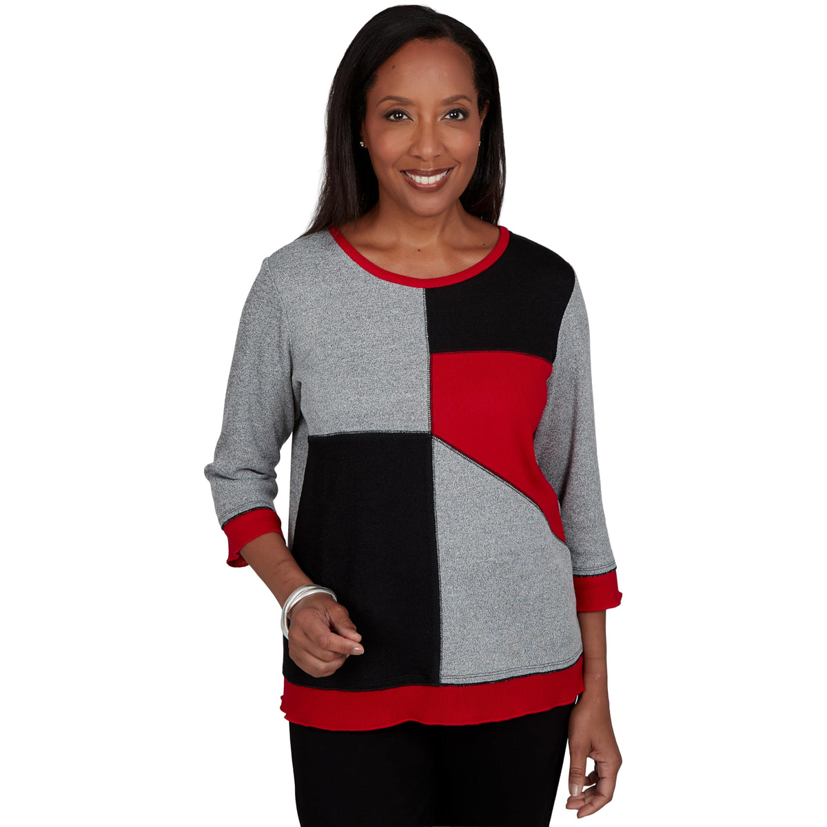 Alfred Dunner Women's Heathered Colorblock Knit Top, Grey, L