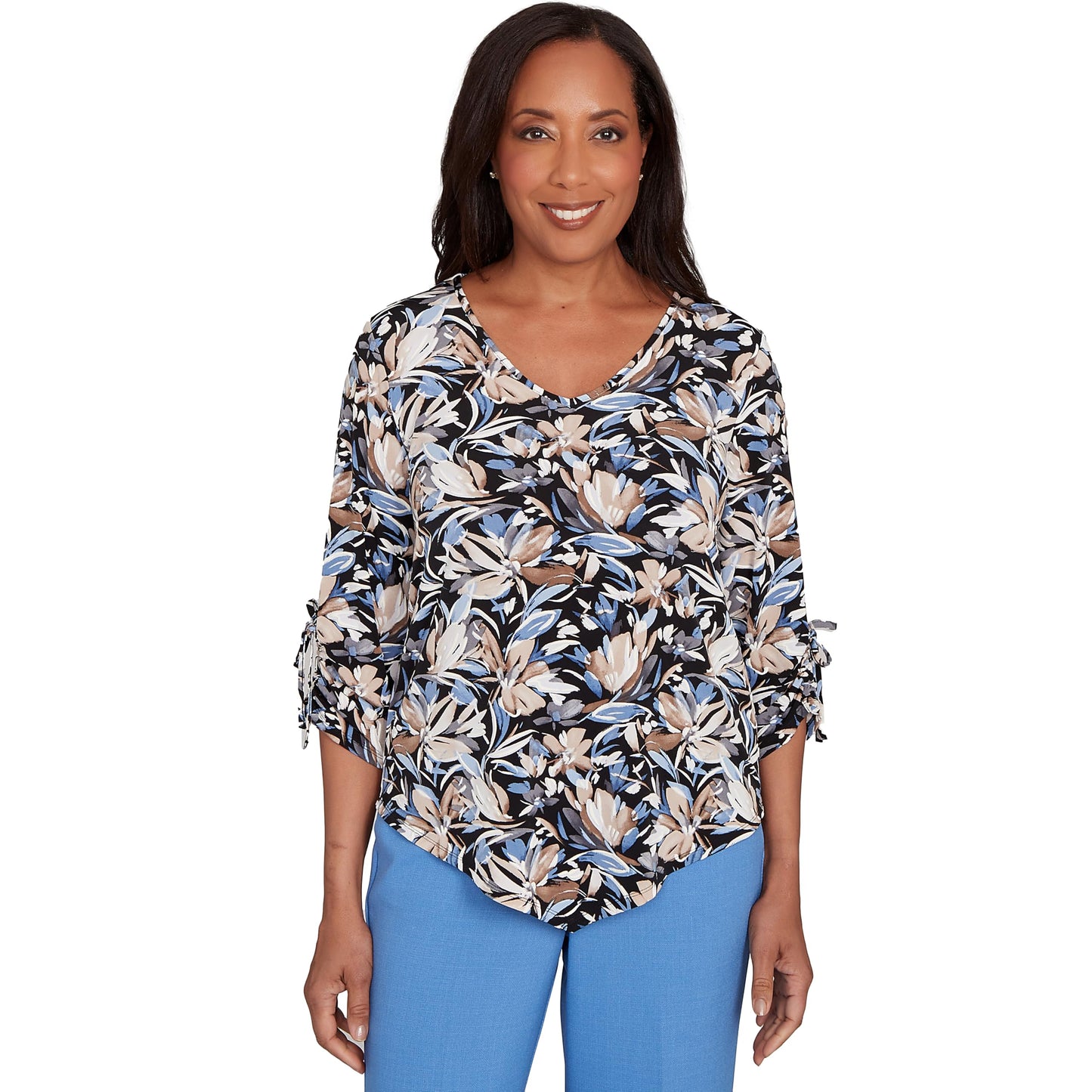 Alfred Dunner Women's Tie Sleeve Brushstroke Floral Knit Top Size L Black Multi