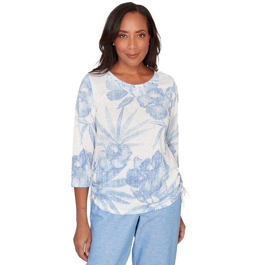 Alfred Dunner Women's Monotone Dramatic Floral Tropical Top, Size M, Ocean Blue