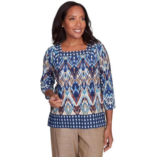 Alfred Dunner Ikat Diamond Border Top Cotton (US, Alpha, Small, Regular, Petite, Petite, Multi)