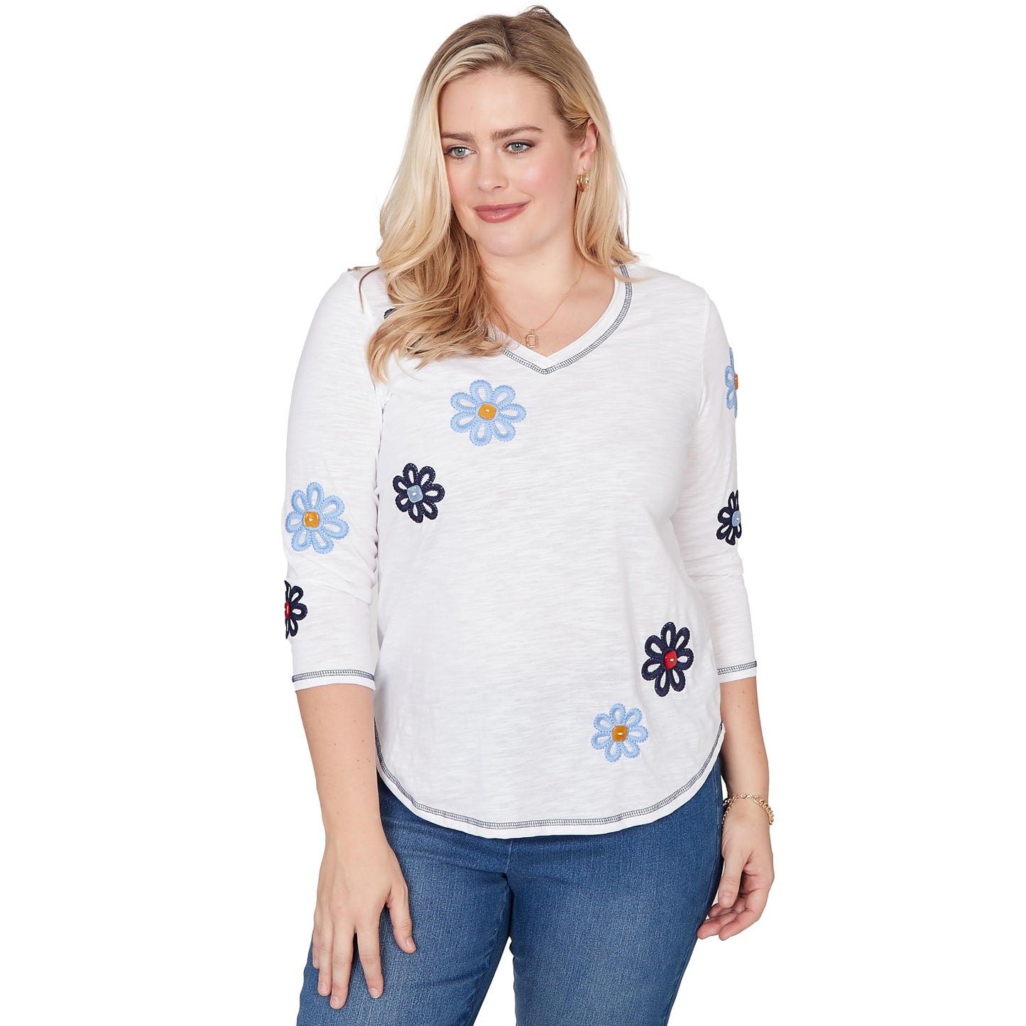 Alfred Dunner Women's Embellished Floral Button Top