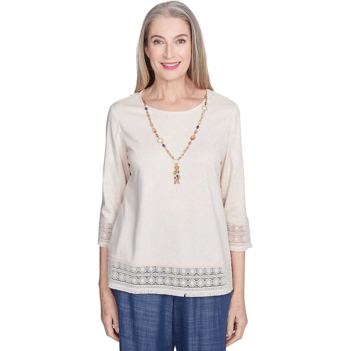 Alfred Dunner Lace Trimmed TopCotton/Polyester (US, Alpha, X-Large, Regular, Petite, Petite, Oatmeal)
