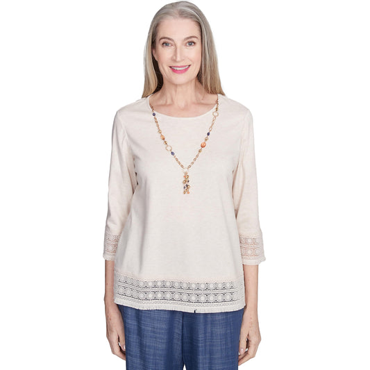 Alfred Dunner Lace Trimmed TopCotton/Polyester (US, Alpha, Large, Regular, Petite, Petite, Oatmeal)
